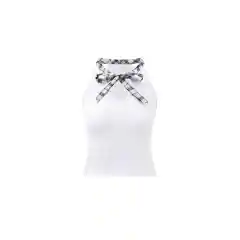 Patchwork Plaid Bow Bandage Halterneck Vest Top - White - View 1