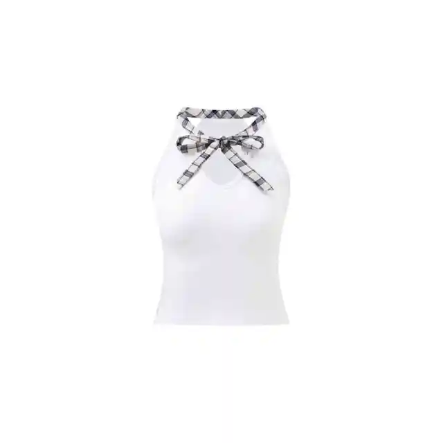 Patchwork Plaid Bow Bandage Halterneck Vest Top White - Shop at LoveMi