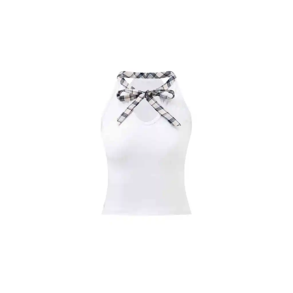 Patchwork Plaid Bow Bandage Halterneck Vest Top - White