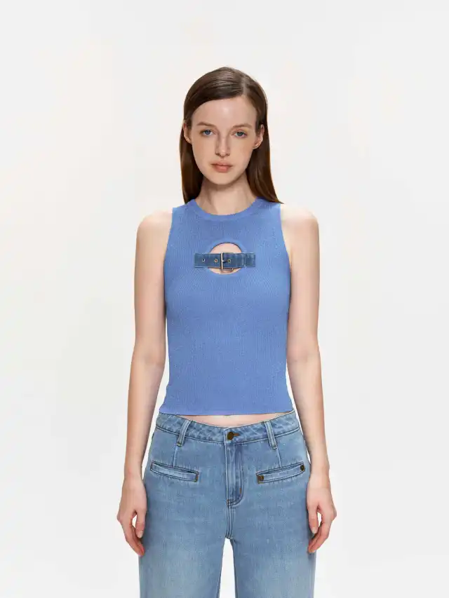 Sequined Jeans Button Vest Knitted Top Blue - Shop at LoveMi
