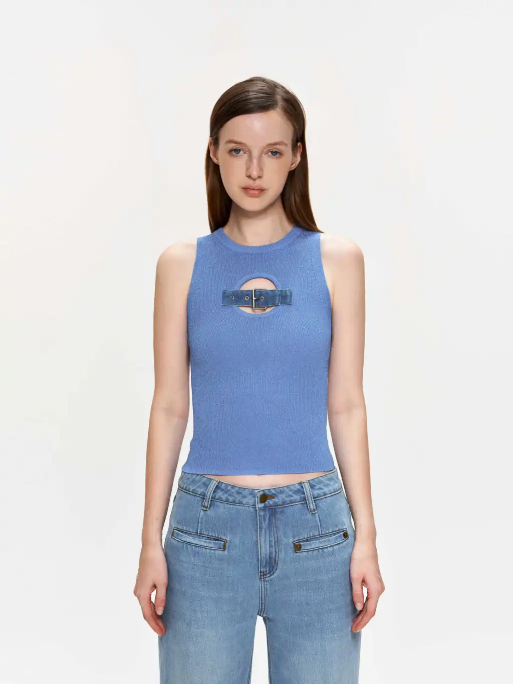 Sequined Jeans Button Vest Knitted Top - Blue