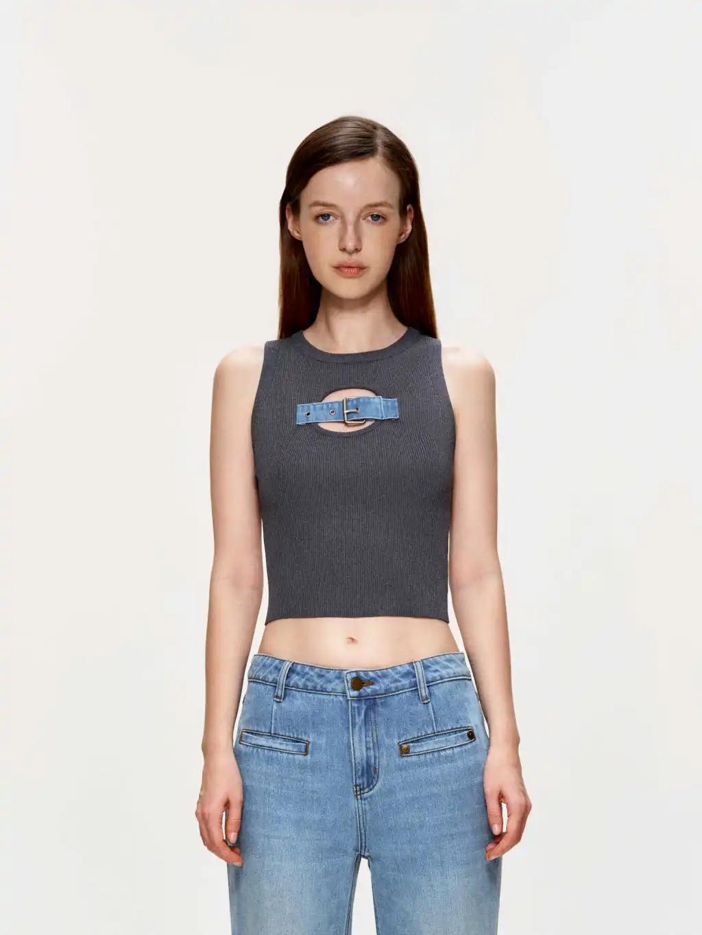 Sequined Jeans Button Vest Knitted Top - Grey