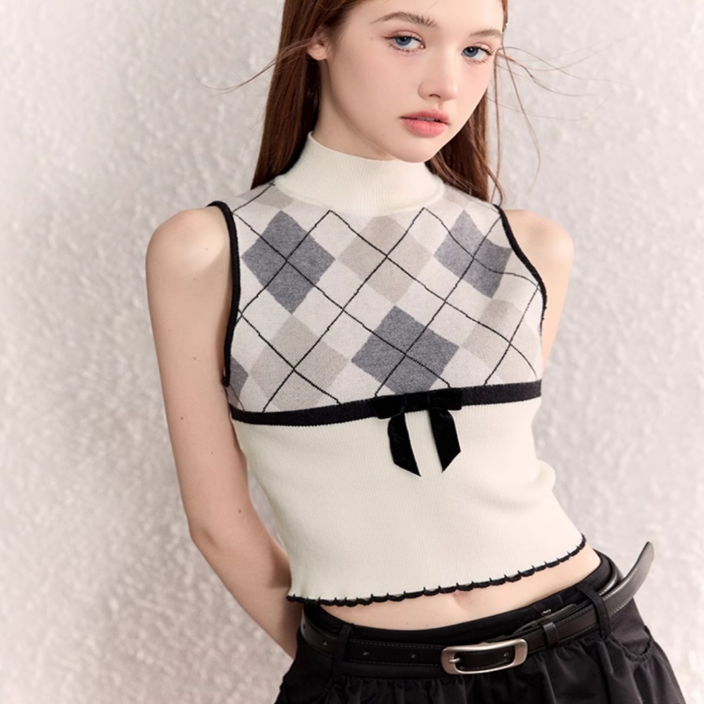 Diamond Plaid Half Collar Top Sleeveless Knitted Vest