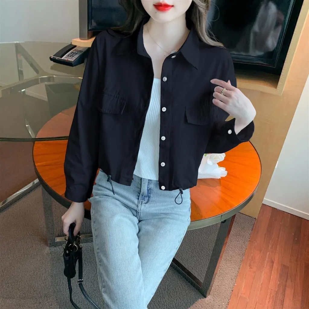 Korean Version Of Everything Loose Simple Drawstring Design Sense Long-sleeved Casual Shirt Short Top - Black