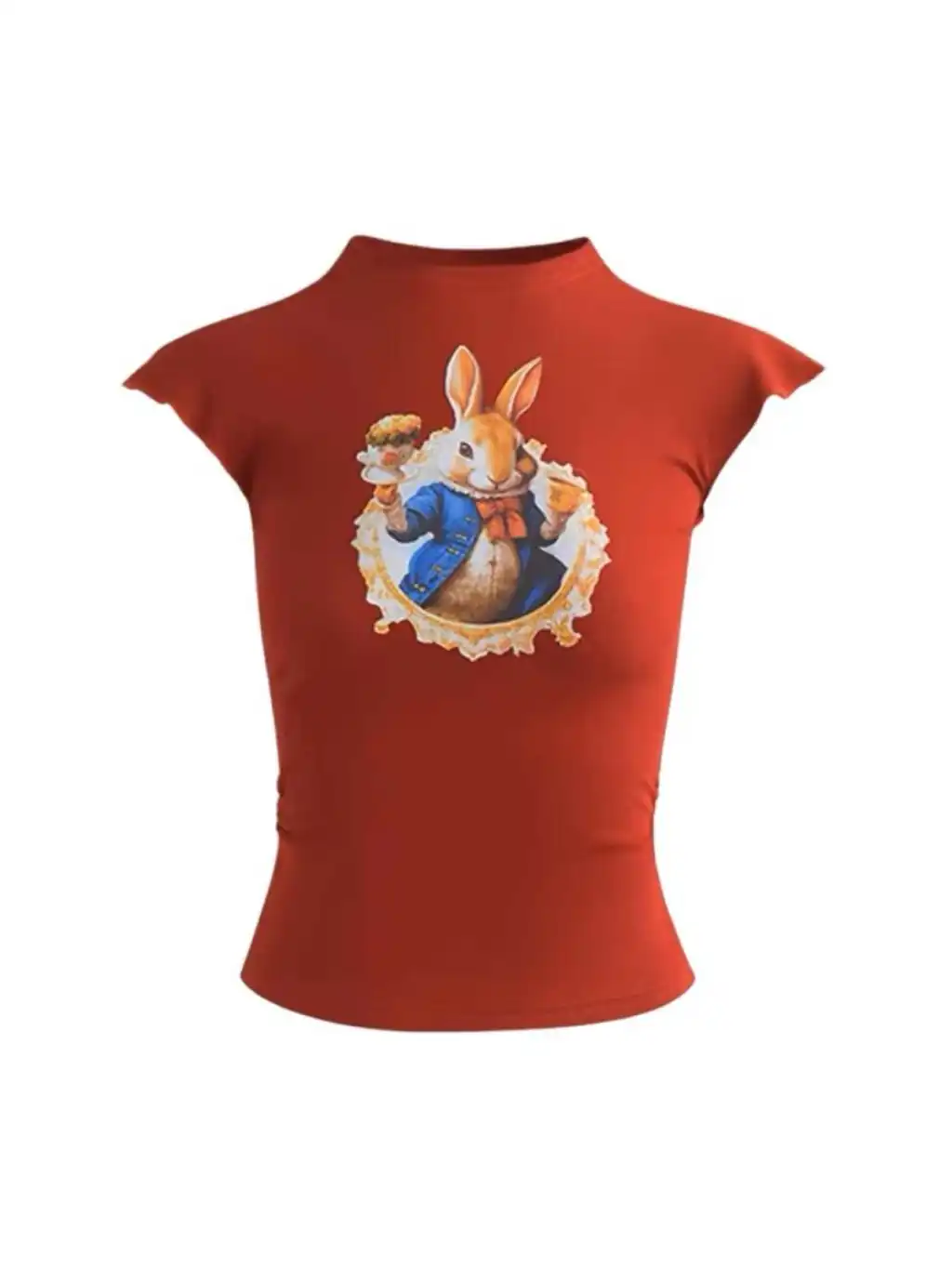 Red Half Turtleneck Rabbit Printed Vest T-shirt - Red