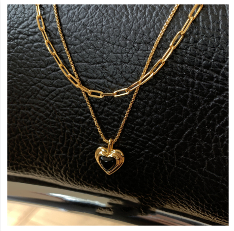 Vintage Elegant Heart Black Agate Double Layer Twin Necklace