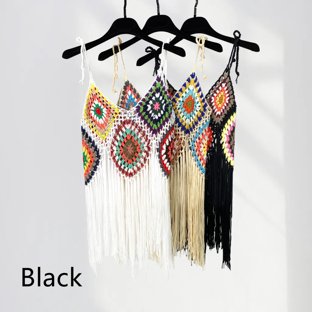 Long Handmade Crocheted Plaid Knitted Sling Tassel Smock Dress - Black Short