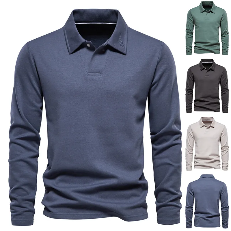 Fashion Lapel Long-sleeved Polo Shirt Men's Casual Solid Color
