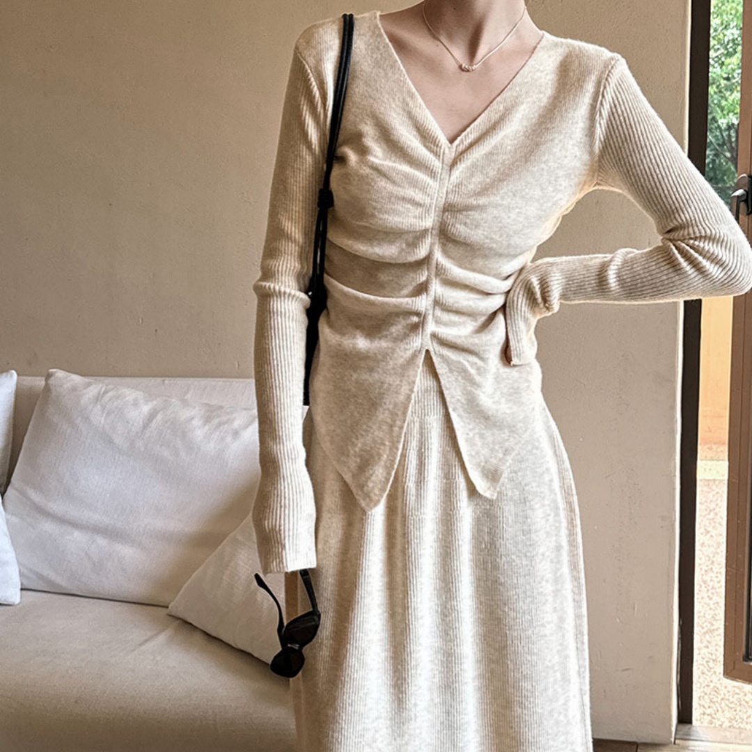 Fall V-neck Slim Fit Peplum Top Knitted Skirt Suit