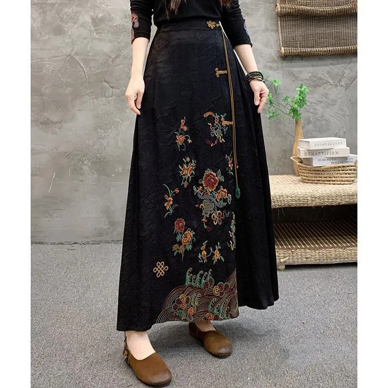New Ethnic Dress Embroidery Tassel A- Line Skirt - Black