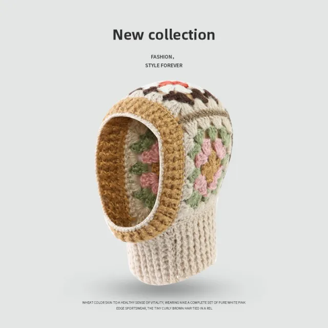 Winter Korean Style Handmade Crochet Contrast Color Flower Balaclava Beige - Shop at LoveMi