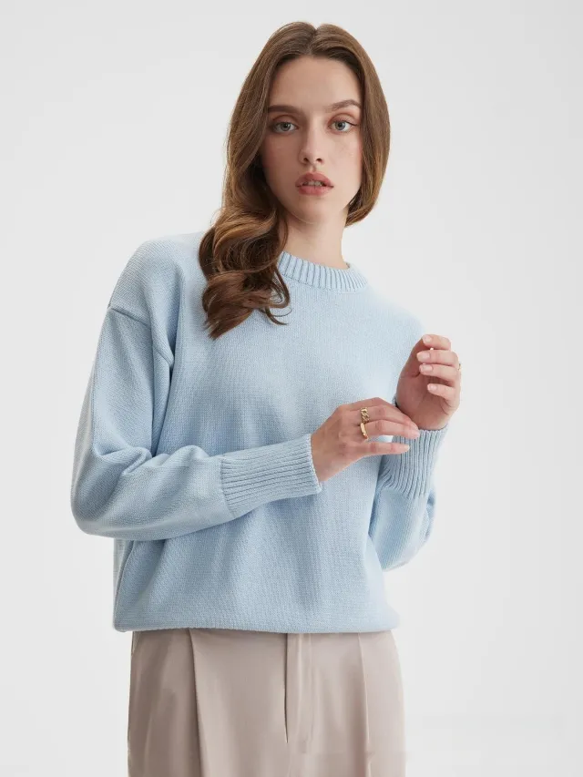 Solid Color Round Neck Sweater Women's Soft Knitted Top Sky Blue - Shop at LoveMi