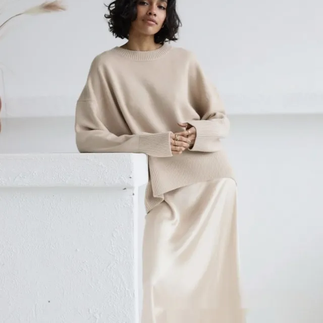 Solid Color Round Neck Sweater Women's Soft Knitted Top Khaki - Shop at LoveMi
