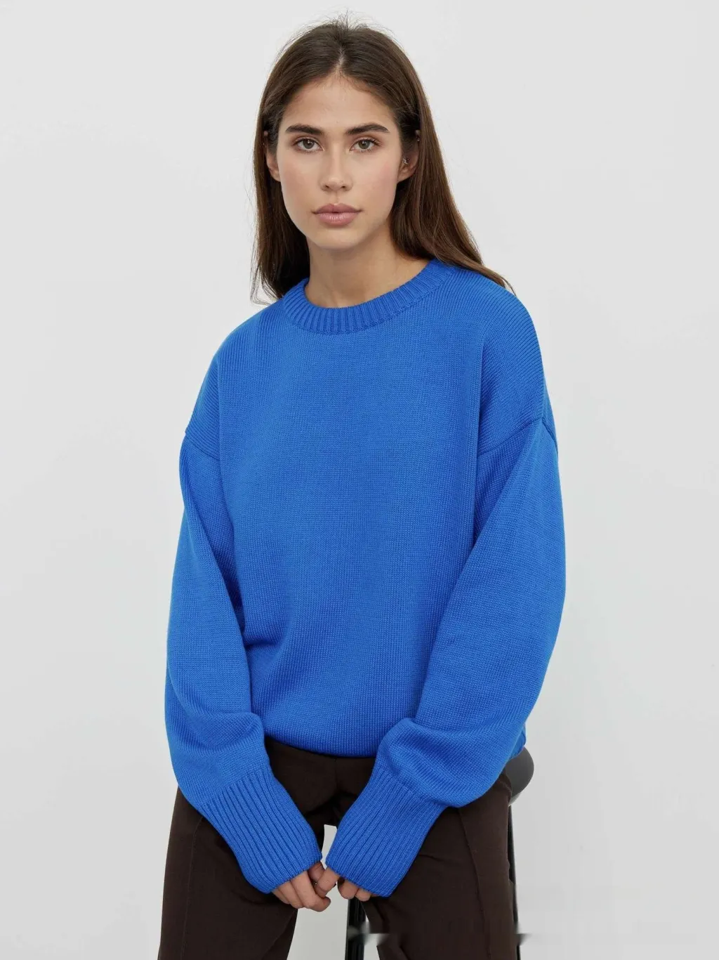 Solid Color Round Neck Sweater Women's Soft Knitted Top - Blue