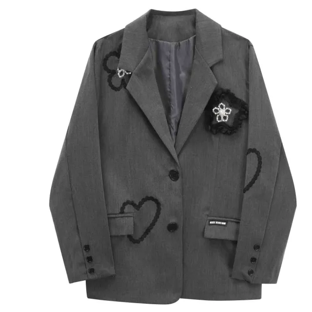 Women's Three dimensional Flower Love Embroidered Suit Jacket Gray - Shop at LoveMi