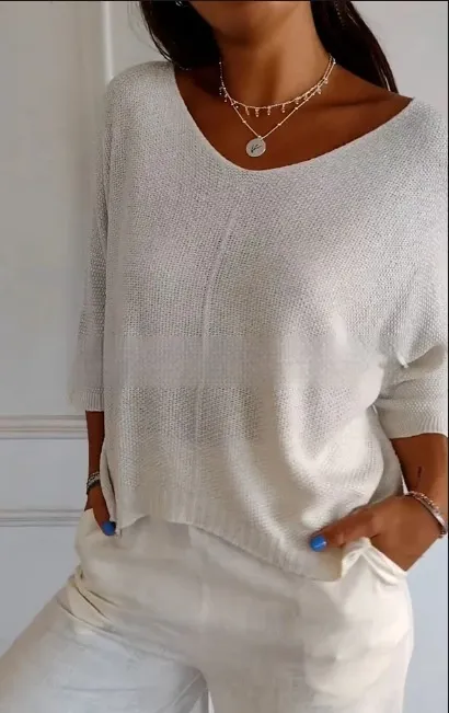 Women's V neck Fried Dough Twists Slim Knit Pullover Sweater White - Shop at LoveMi