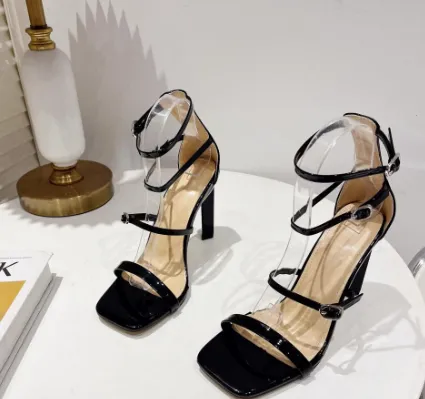 Hollow High Heel Sandals Square Toe Buckle Open Toe Stilettos Women's Shoes - Black
