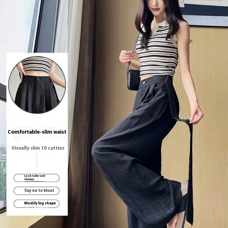 Ice Silk Tie-dyed Linen High-waisted Wide-leg Pants - Black