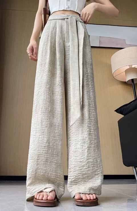 Ice Silk Tie-dyed Linen High-waisted Wide-leg Pants - Khaki