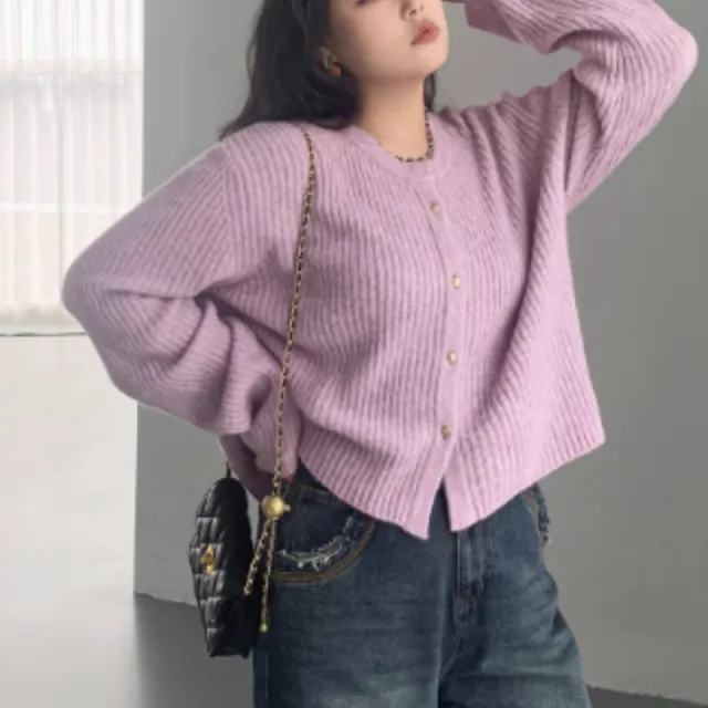 Autumn New Simple Round Neck Knitted Cardigan Soft And Sticky Flower Purple - Shop at LoveMi