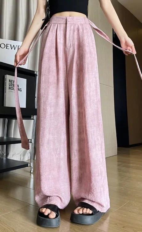 Ice Silk Tie dyed Linen High waisted Wide leg Pants Pink - Shop at LoveMi