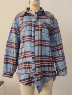 Tassel Long Sleeve Top Loose Casual Plaid Shirt Coat - Purple - View 1