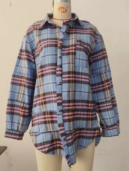 Tassel Long Sleeve Top Loose Casual Plaid Shirt Coat Lavender Purple - Shop at LoveMi