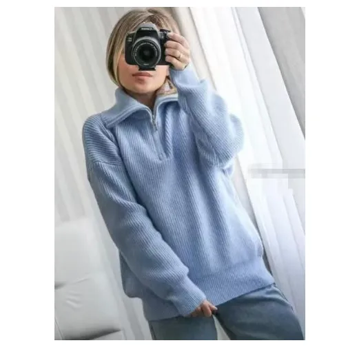 Casual All match Open Collar Wool Sweater Light Blue - Shop at LoveMi