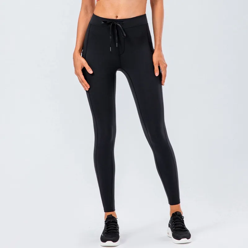 Double-sided Brushed Nude Feel Drawstring Yoga Pants Women - Black