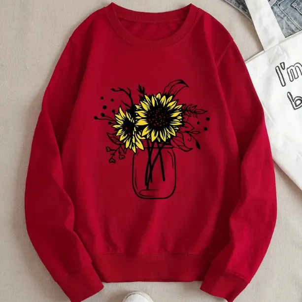 Letter Fleece Printed Casual Long Sleeved Sweatshirt Red - Shop at LoveMi