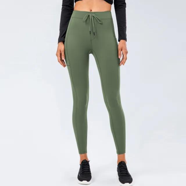Double sided Brushed Nude Feel Drawstring Yoga Pants Women Army Green - Shop at LoveMi