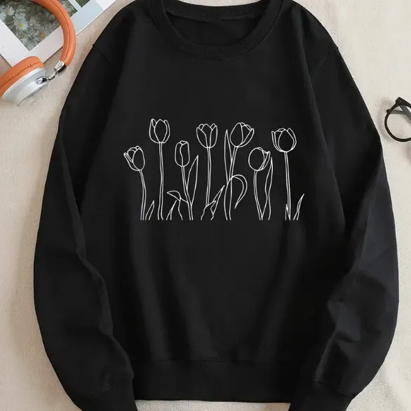 Letter Fleece Printed Casual Long Sleeved Sweatshirt Black - Shop at LoveMi