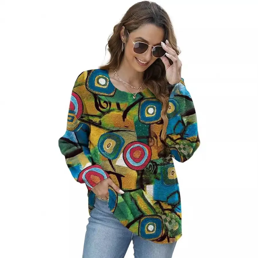 Graffiti Plus Size Women's Clothing Pullover Casual Top - Flower Color