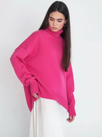 Women's Fashionable All-match Solid Colour Turtleneck Sweater - Rose Red