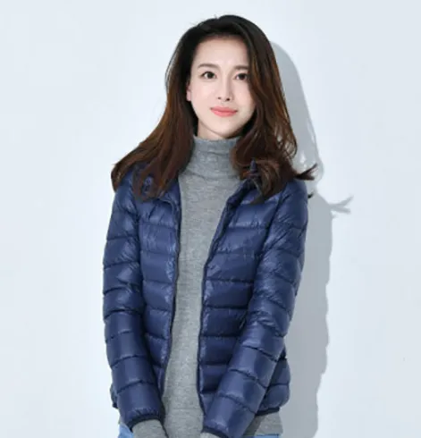 Short Lightweight Thickened Thermal Slim Fit Korean Style White Duck Down Fashionable Jacket Navy Blue Hooded - Shop at LoveMi