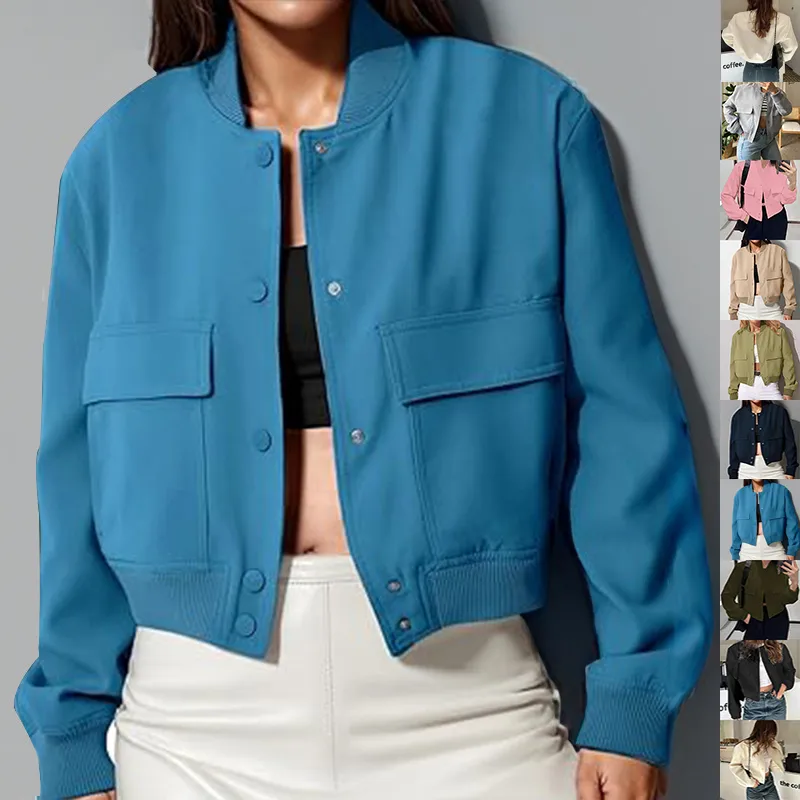 Fashion Button Stand-collar Jacket with Big Pockets Casual Loose