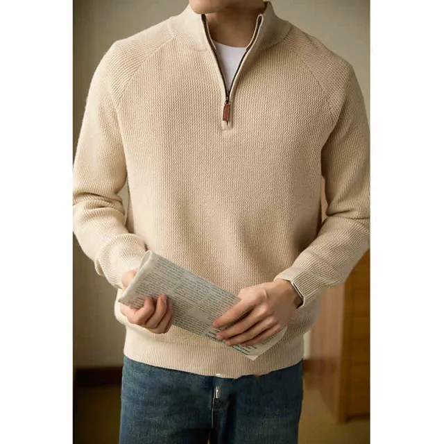 Stand Collar Half Zip Men's Solid Color Pullover Knitted Sweater Elegant Beige Apricot - Shop at LoveMi