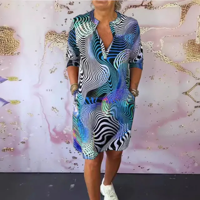 Middle sleeve Floral print V neck Dress Blue - Shop at LoveMi