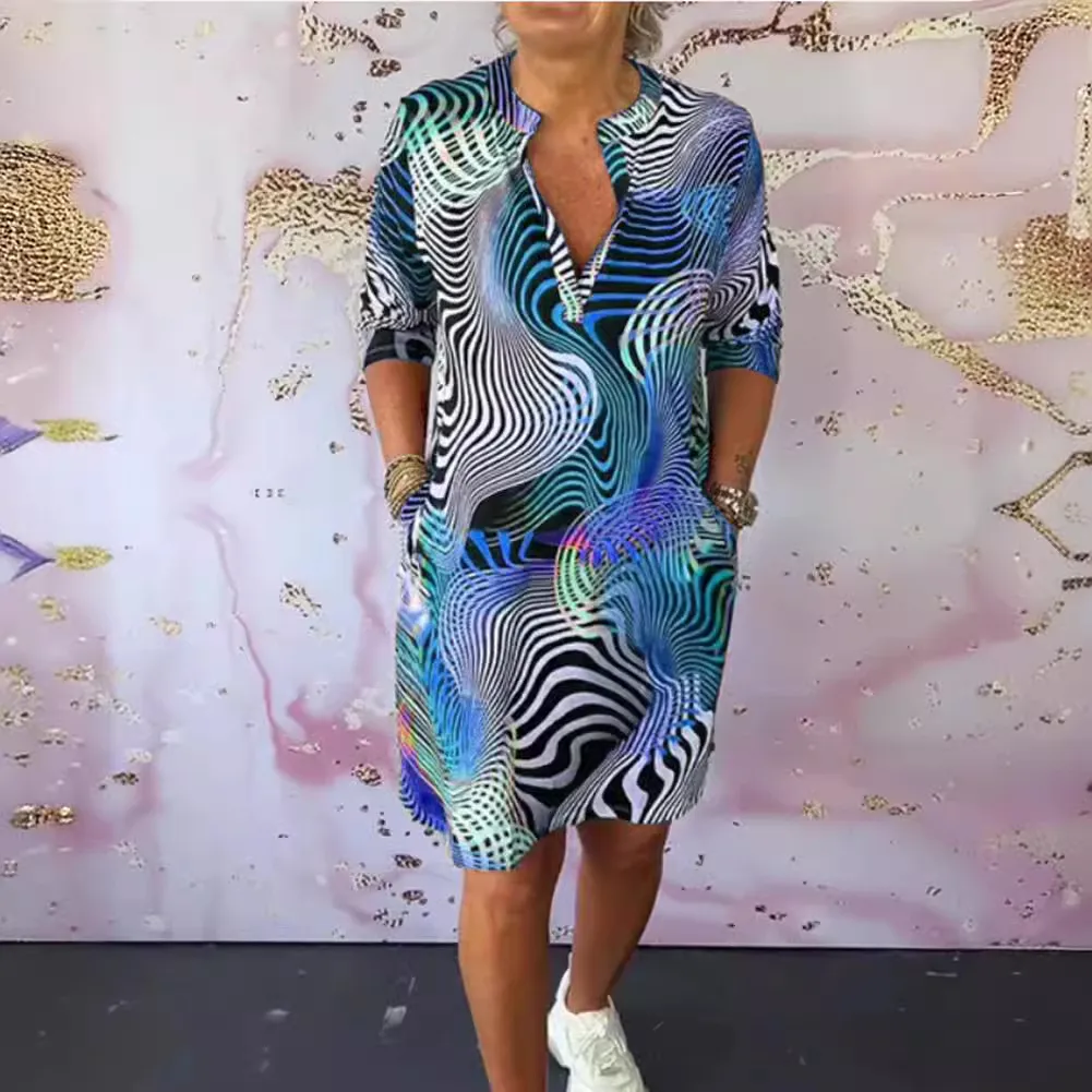Middle-sleeve Floral-print V-neck Dress - Blue