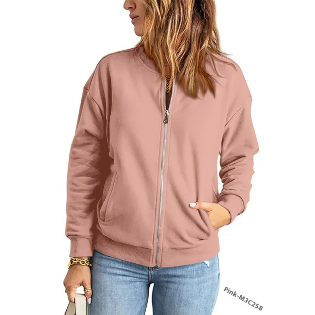 Women's Solid Color Zipper Jacket Coat Fashion Casual Cardigan Long Sleeve Stadiumjumper Pink - Shop at LoveMi
