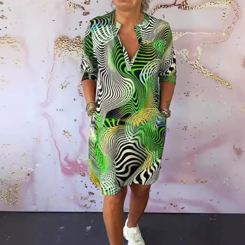 Middle-sleeve Floral-print V-neck Dress - Green
