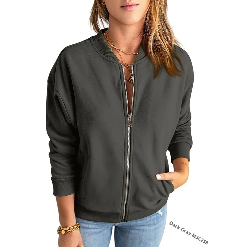 Women's Solid Color Zipper Jacket Coat Fashion Casual Cardigan Long Sleeve Stadiumjumper - Dark Gray