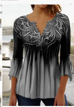 3D Digital Printing Women's Half Cardigan V neck Small Button Long sleeved Top Grey - Shop at LoveMi