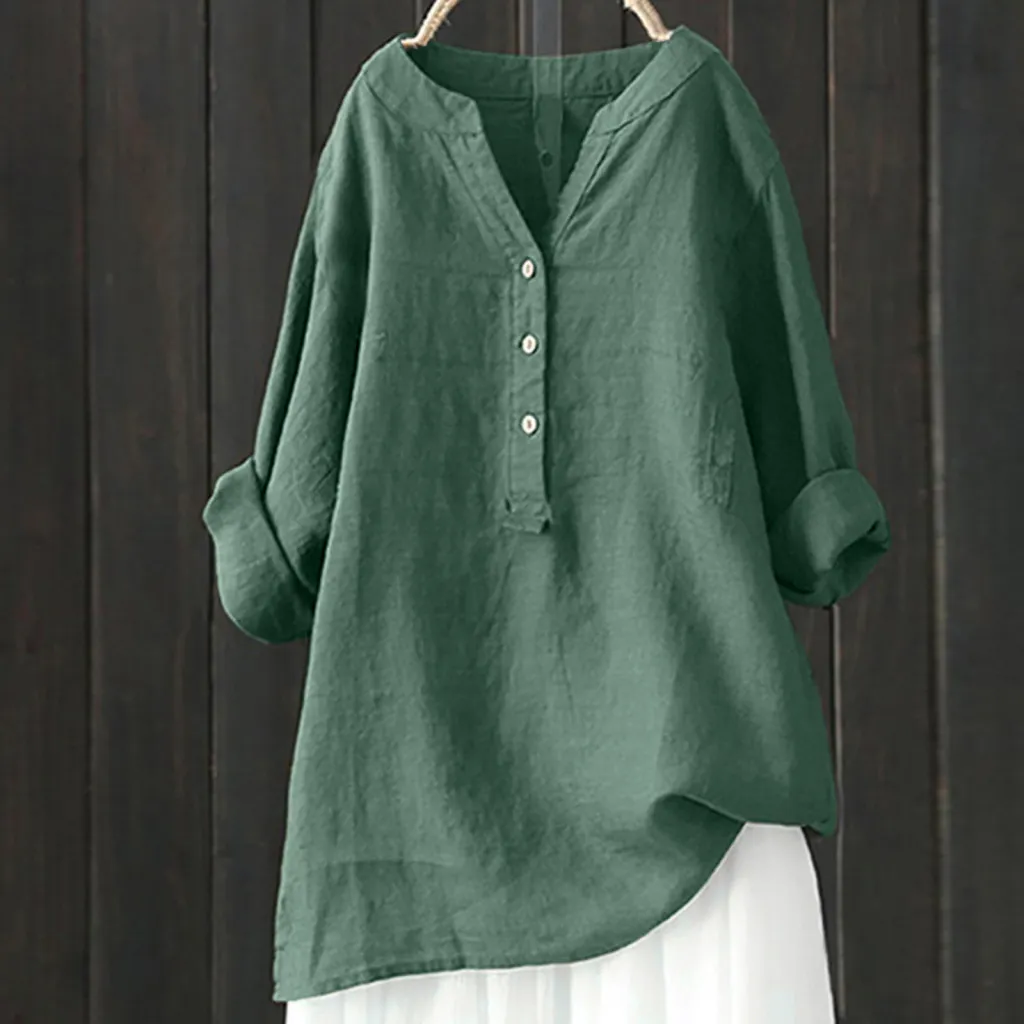 Loose Solid Color Stand Collar Button Long Sleeve Cotton And Linen Top - Olive Green