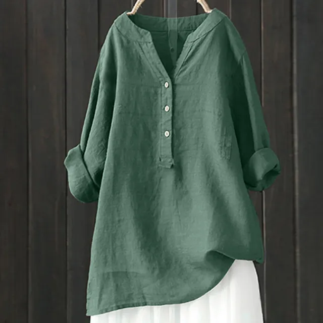 Loose Solid Color Stand Collar Button Long Sleeve Cotton And Linen Top Olive Green - Shop at LoveMi