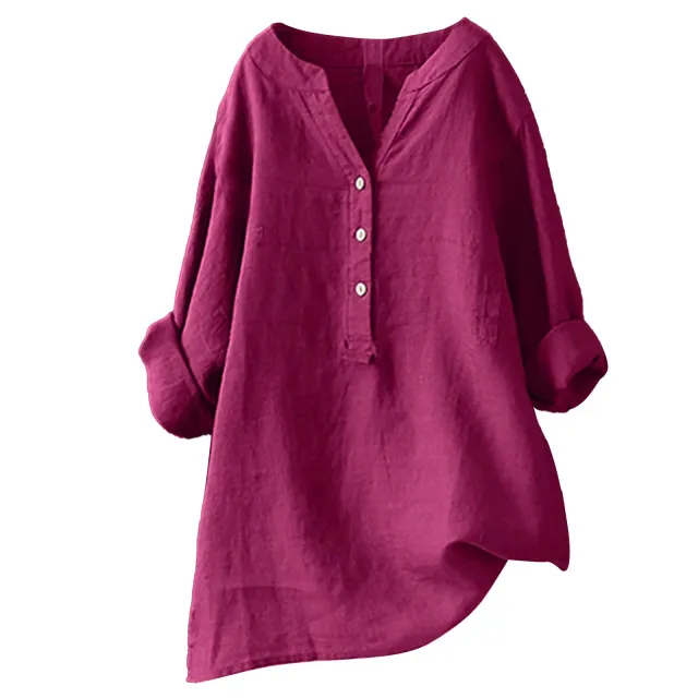 Loose Solid Color Stand Collar Button Long Sleeve Cotton And Linen Top Wine - Shop at LoveMi