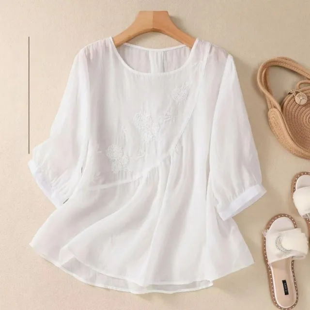 Artistic Retro Embroidery Small Shirt Loose Round Neck Pullover Top White - Shop at LoveMi