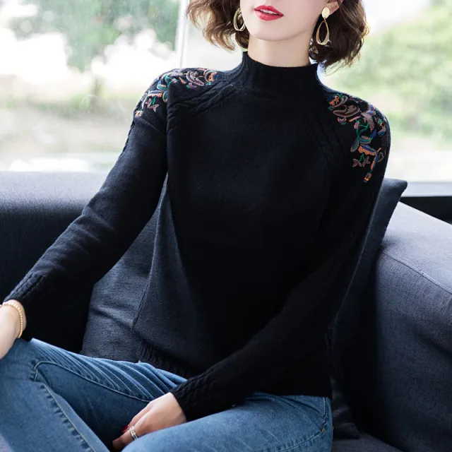 Fashion Embroidery Loose Sweater For Women Black - Shop at LoveMi