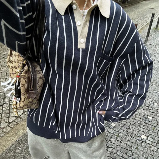 European And American Style Vintage Stripe Color Matching Polo Collar Long sleeved Sweater Blue - Shop at LoveMi