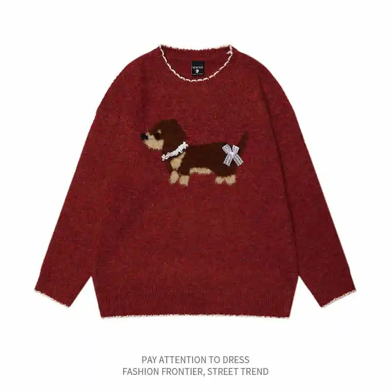 Milk Blue Sausage Dog Jacquard Round Neck Sweater - Red